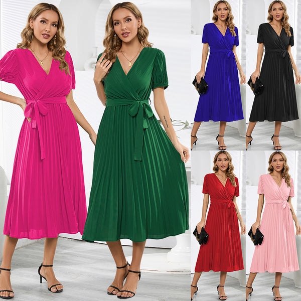 Women's Summer V-neck Puff Sleeve Pleated Slim-fit Dresses