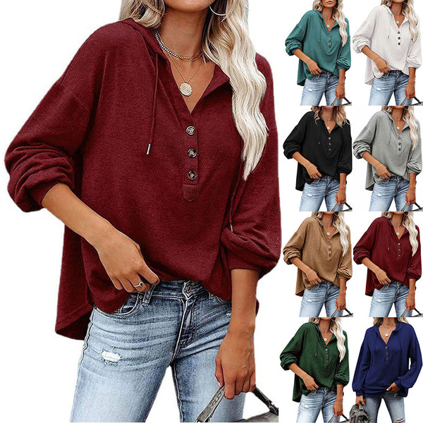 Women's V-neck Long Sleeve Loose-fitting Casual Buckle Drawstring Sweaters