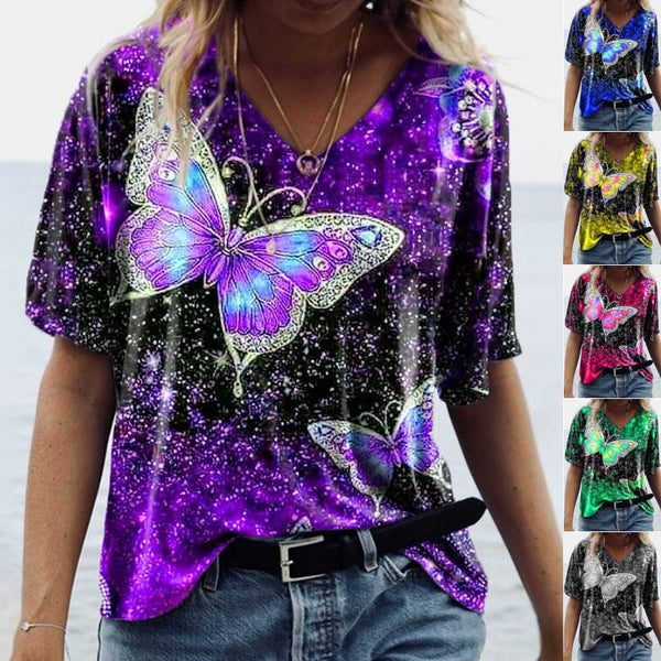 Elegant Women's Stylish Sleeve Butterfly Print Tops