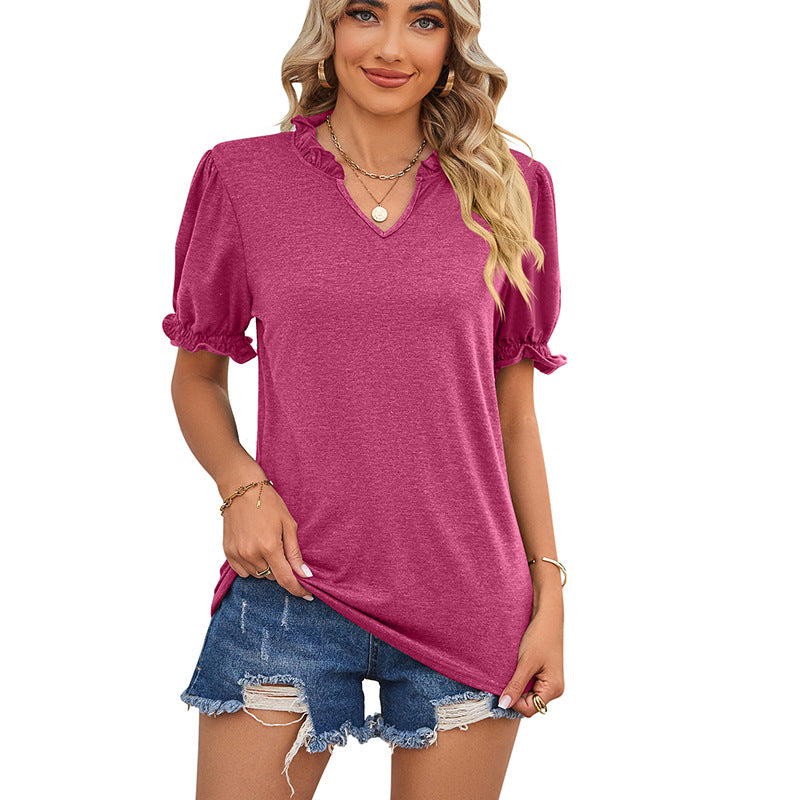 Women's Short-sleeved With Wooden Ear Solid Color Blouses