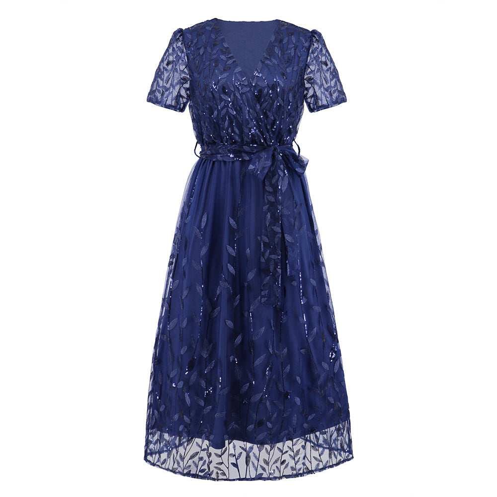 Women's Slim Temperament Embroidered Leaves Sequin Gauze Dresses