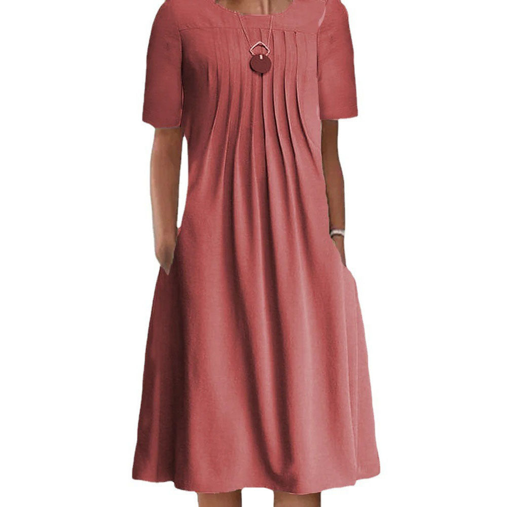 Robe mi-longue à manches courtes et col rond pour femme, couleur unie