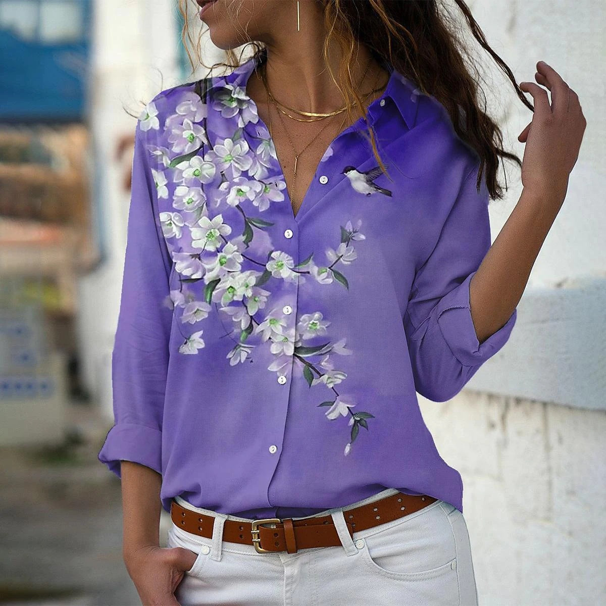 Blouses de chemise imprimées à col blanc pour femmes élégantes