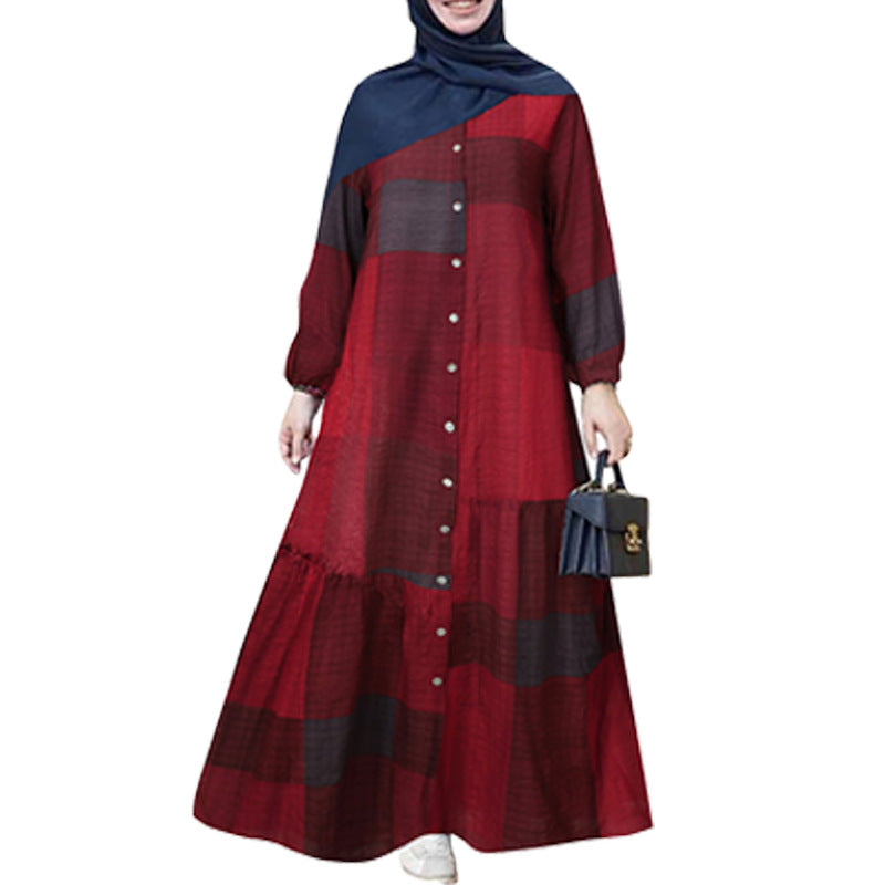 Women's Muslim Clothes Stitching Robe Cotton Long Sleeve Dresses