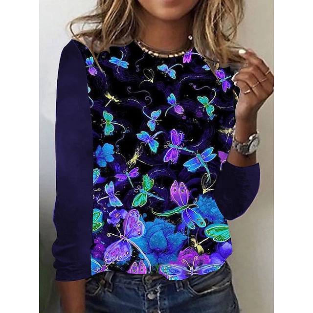 Women's Fashionable Butterfly Print Long Sleeve Crew Blouses
