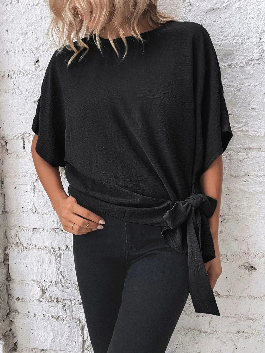 Women's Summer Solid Color Batwing Sleeve Knotted Blouses