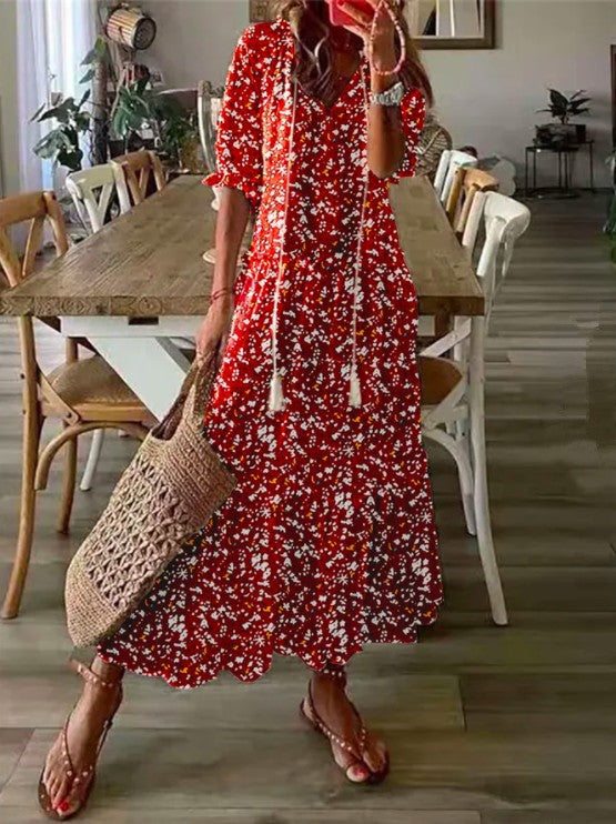 Women's V-neck Tassel Stringy Seedge Sleeve Printed Dresses