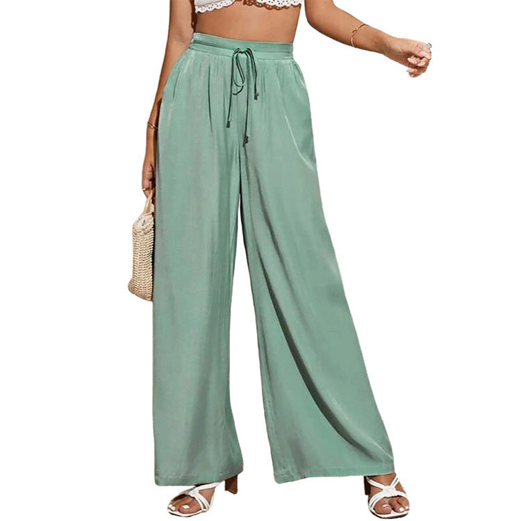 Women's Summer High Waist Casual Pure Color Elastic Lace-up Loose Pants