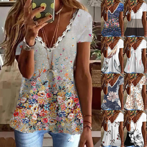 Summer Feather Printed Cotton-like V-neck Zhuocai Blouses