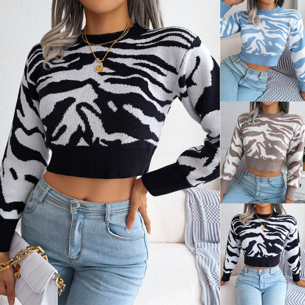 Women's Fashion Tiger Pattern Long Sleeves Cropped Sweaters