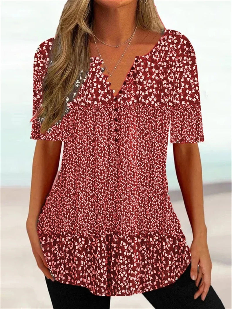 Women's Summer Loose V-neck Sleeve Button Printed Blouses