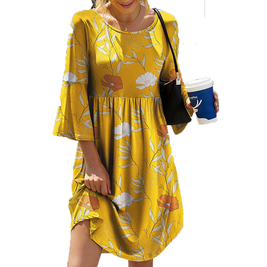 Women's Elegant Commuter Round Neck Printed Sleeves Dresses