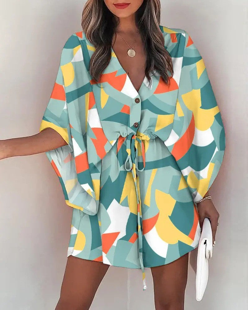 Women's Summer Sleeves V-neck Lace-up Printed Beach Dresses