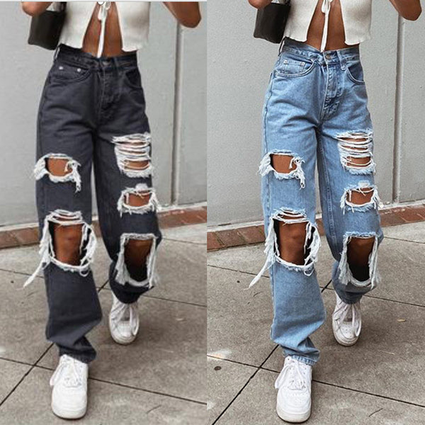 Trendy Women's High Ripped Straight Loose Jeans