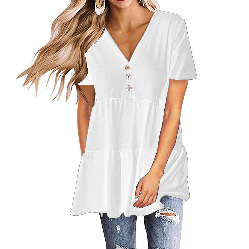 Women's V-neck Short-sleeved Pullover Solid Color Stitching Dresses