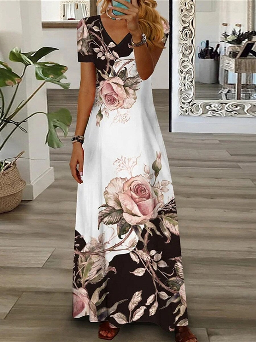 Women's Trendy Positioning Printed V-neck Short-sleeved Dresses