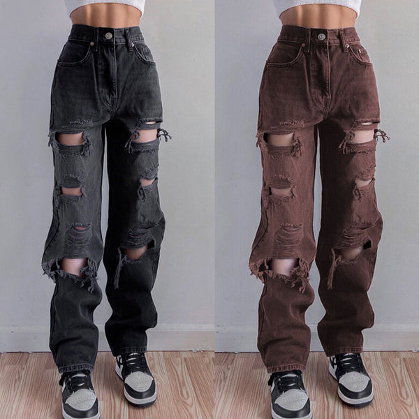 Pretty Women's High Ripped Straight Loose Jeans