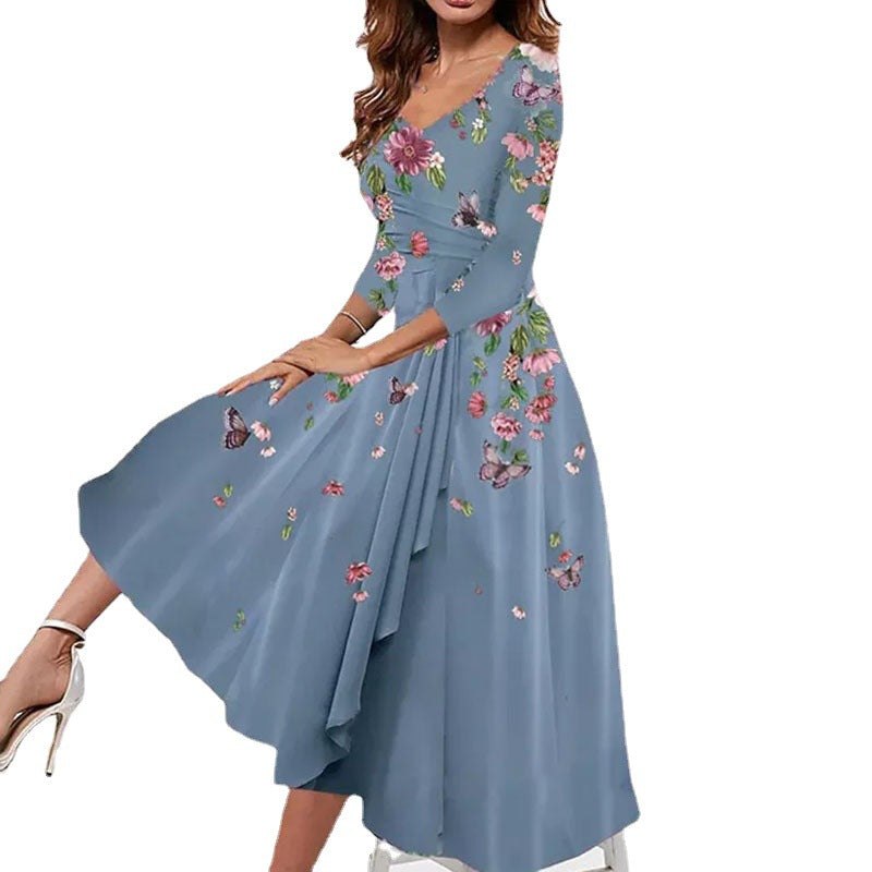Women's Sexy V-neck Loose Floral Print Mid-length Dresses