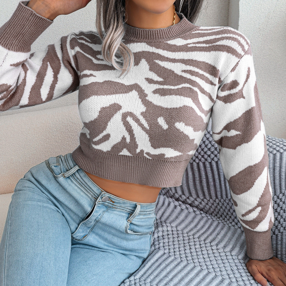 Women's Fashion Tiger Pattern Long Sleeves Cropped Sweaters