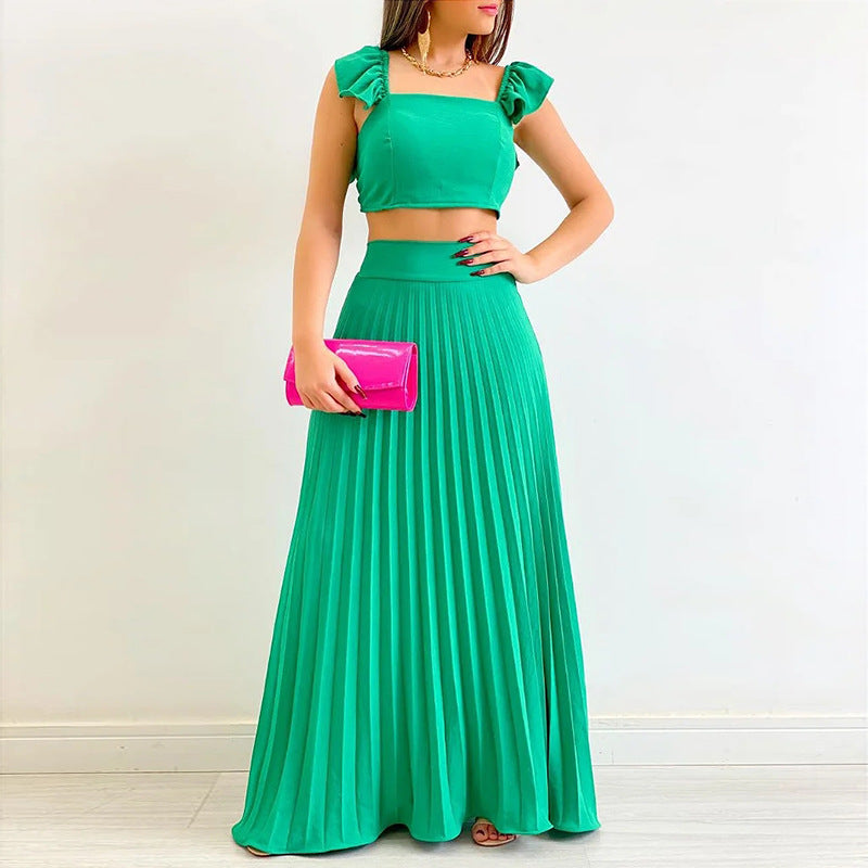 Women's Spring Solid Color High Waist Pleated Long Suits