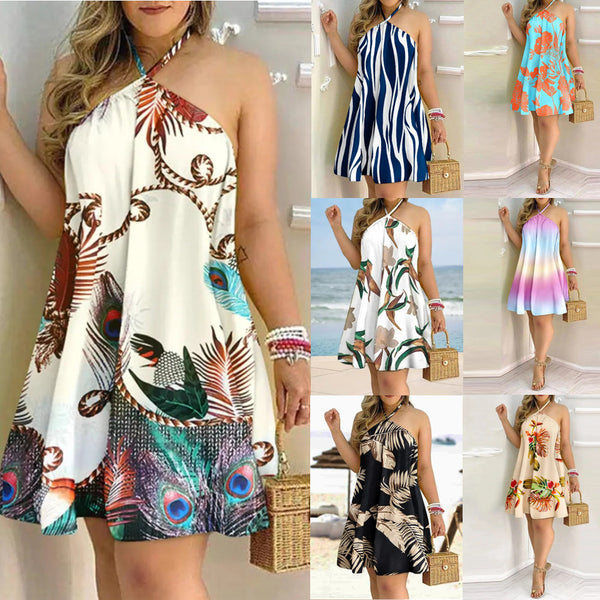 Women's Summer Printed Off-shoulder Halter Lace-up Loose Dresses