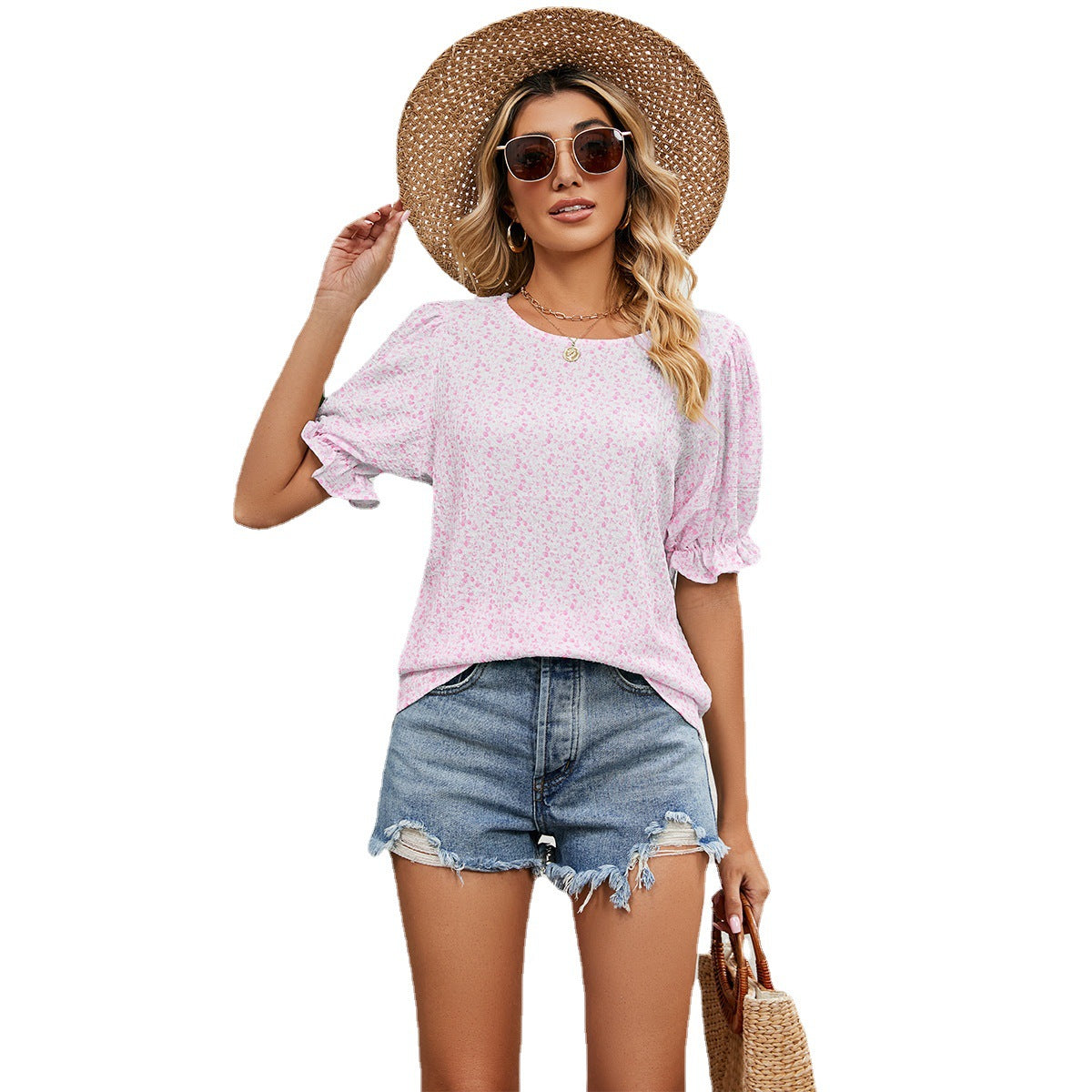 Women's Summer Floral Loose All-match Round Neck Blouses