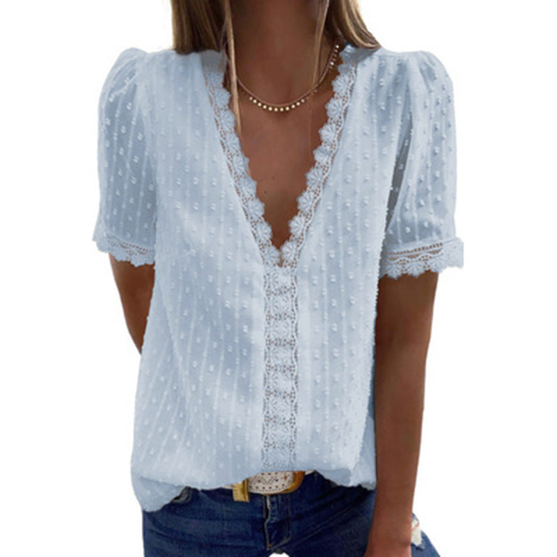 Deep V-neck Embroidered Ruffled Sleeves Front Blouses