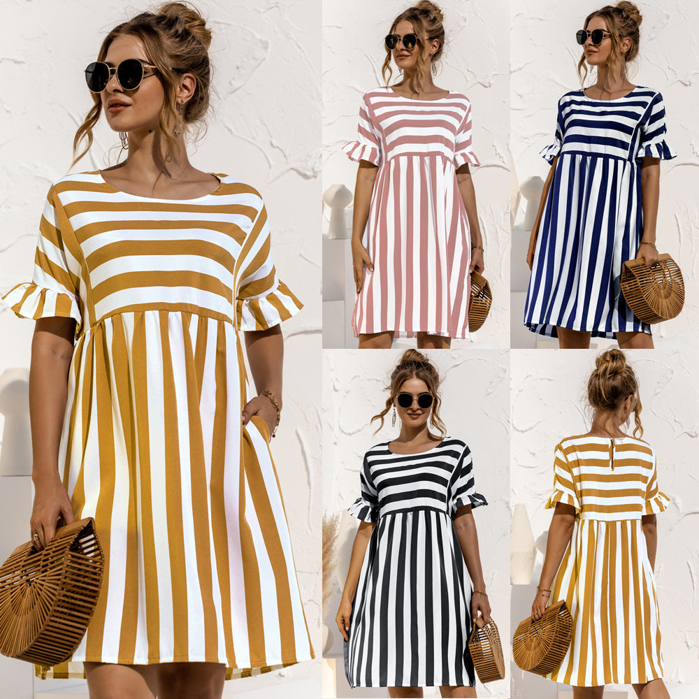 Women's Sleeves Striped Stitching Color Pocket Loose Dresses