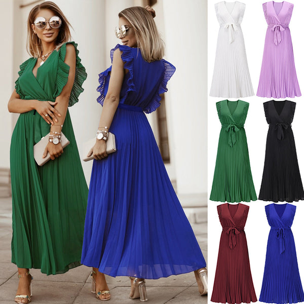 Solid Color Sleeveless Pleated Chiffon Slim Dresses