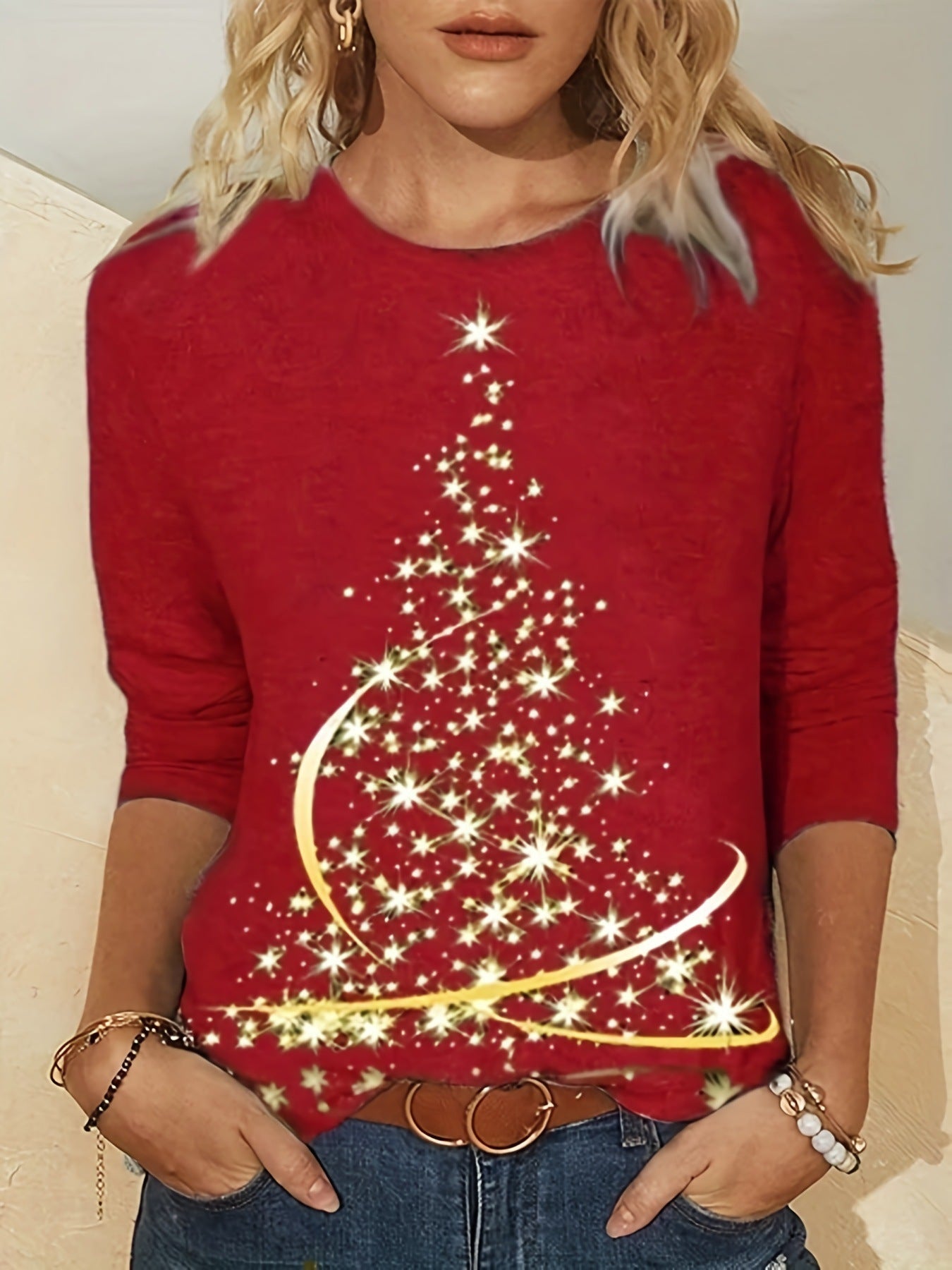 Stilvolle T-Shirt-Blusen mit weihnachtlichem Casual-Print für Damen