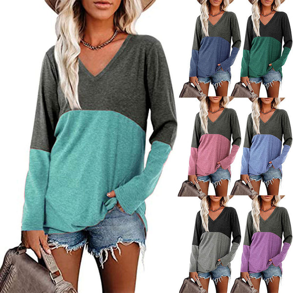 Women's Color Patchwork V-neck Long Sleeve Loose-fitting Blouses