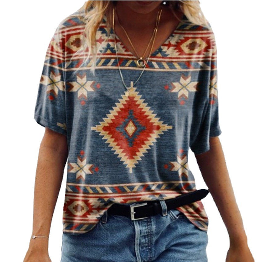 Women's Vintage Printing Geometric Pattern V-neck Sleeve Blouses