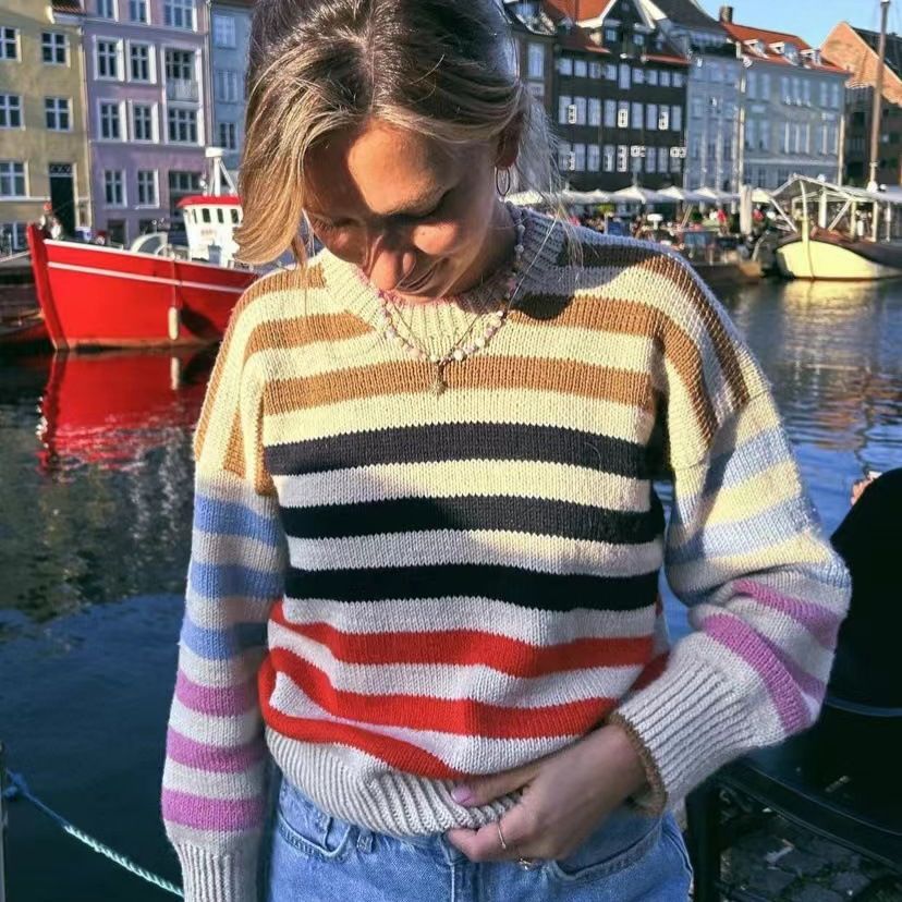 Trade Style Rainbow Contrast Color Striped Sweaters