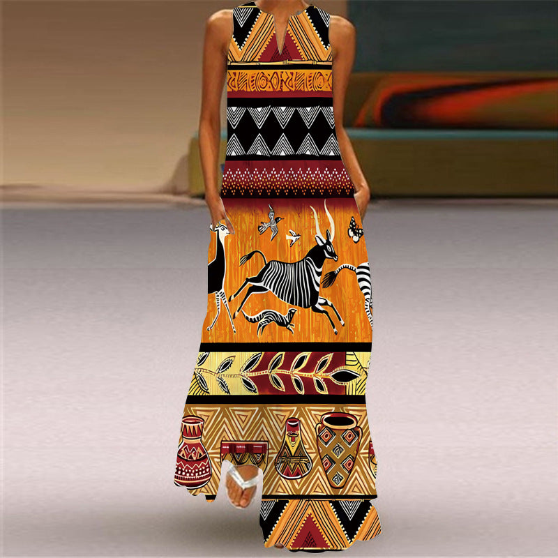 Vintage Printed Long Collar Multi-color Sexy Dresses
