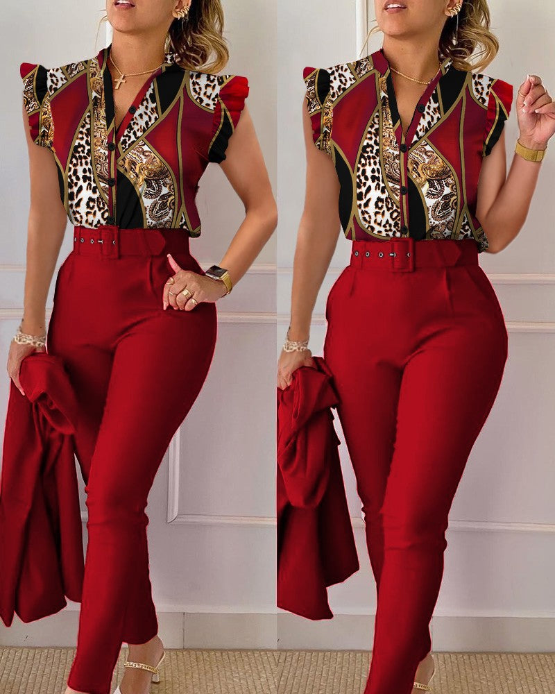 Women's Fashion Casual Ruffle Sleeve Two-piece Set Suits