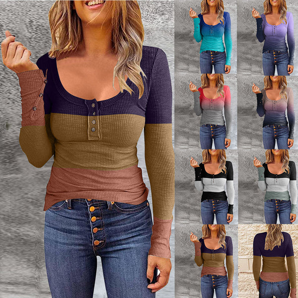 Women's Color Gradient Round Neck Pullover Button Long Blouses