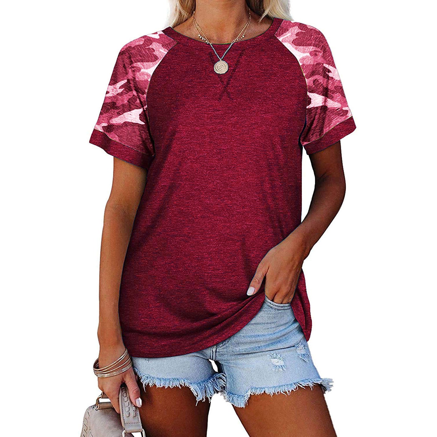 Damen Sommer bedruckte T-Shirt-Blusen mit Rundhalsausschnitt