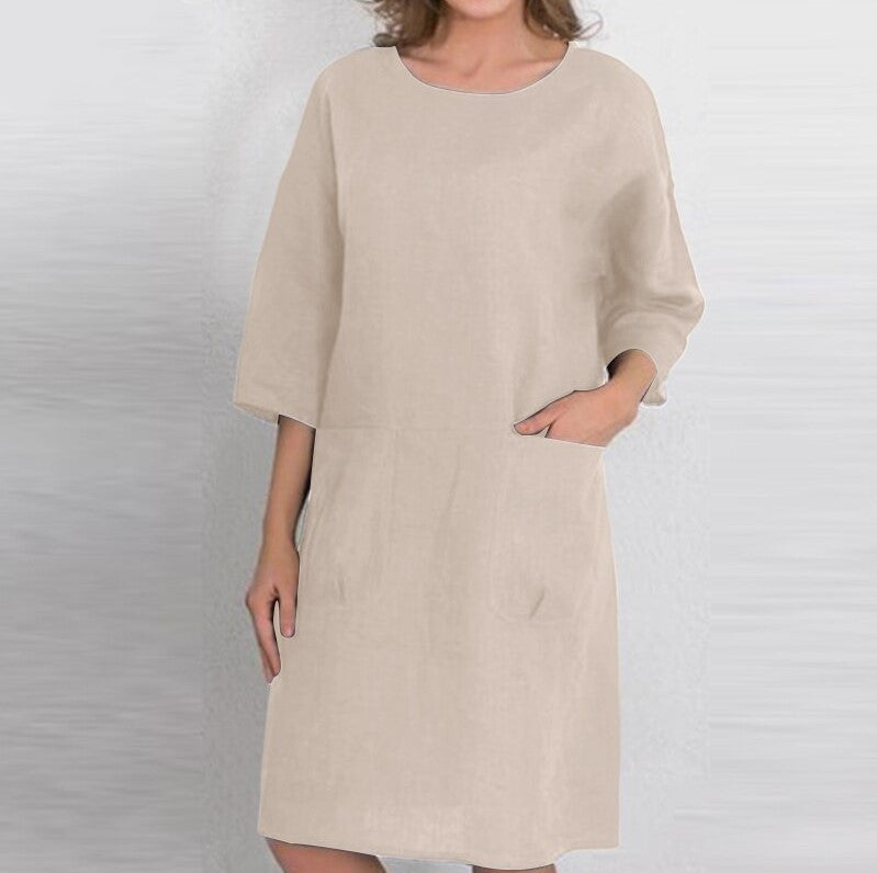 Women's Color Round Neck Pullover Pocket Half Sleeve Knee-length Dresses