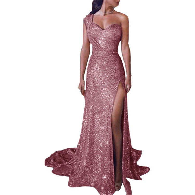 Women's Banquet Temperament Sexy One-shoulder Long Gilding Dresses