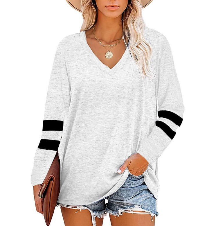 Women's Color V-neck Striped Stitching Long-sleeved Loose Blouses