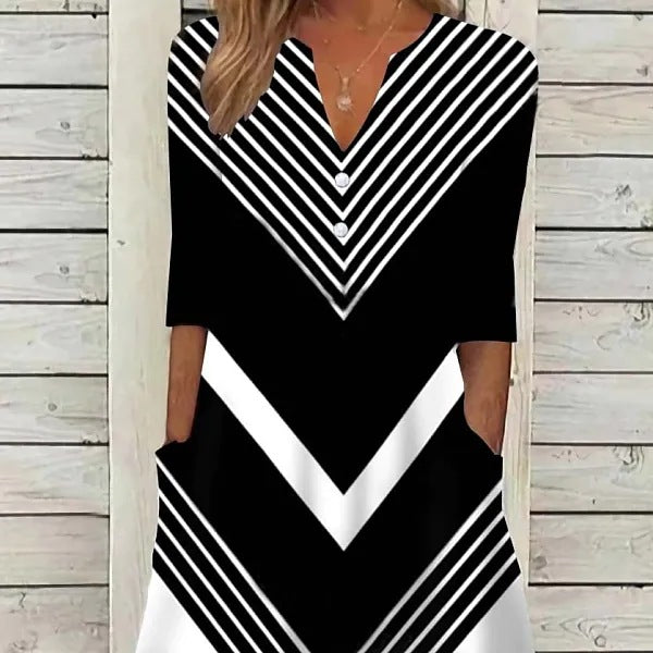 Women's Striped Half Sleeve Color-block V Neck Dresses