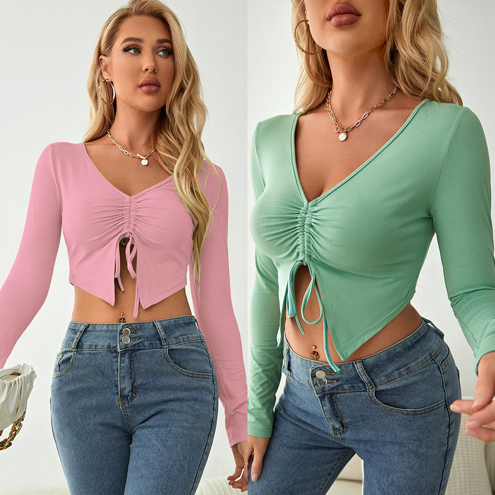 Women's Drawstring Slim Fit Midriff-baring Breathable Pleated Solid Blouses