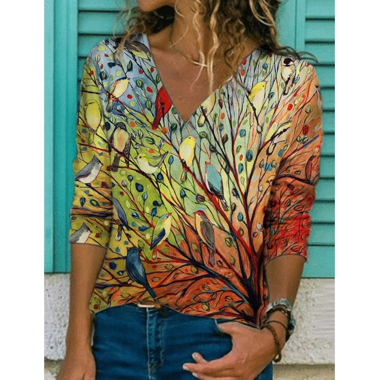 Women's Creative Printed Long-sleeved Casual T-shirt Blouses