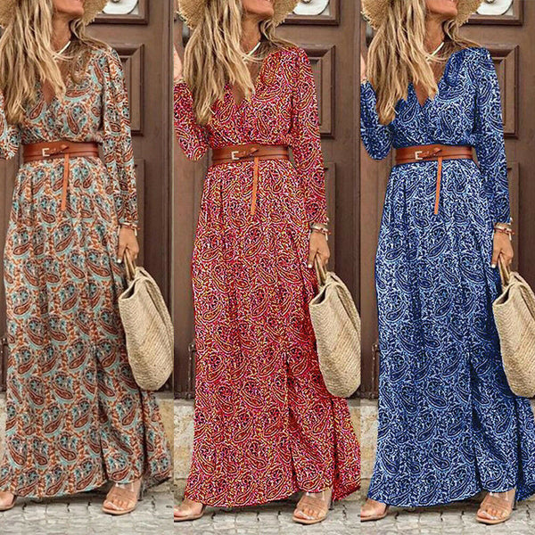 Women's Bohemian Floral Print Long Sleeve V-neck Dresses