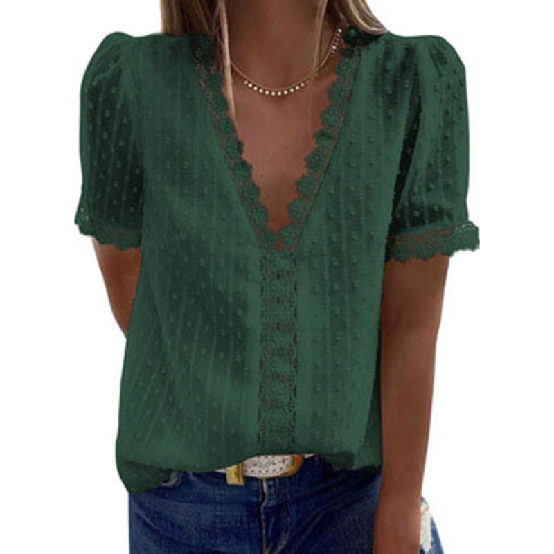 Deep V-neck Embroidered Ruffled Sleeves Front Blouses