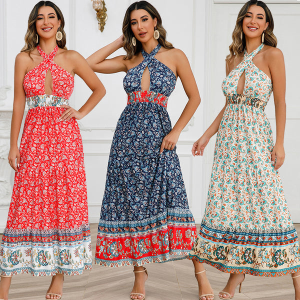 Women's Sexy Crossover Up Summer Halterneck Bohemian Dresses