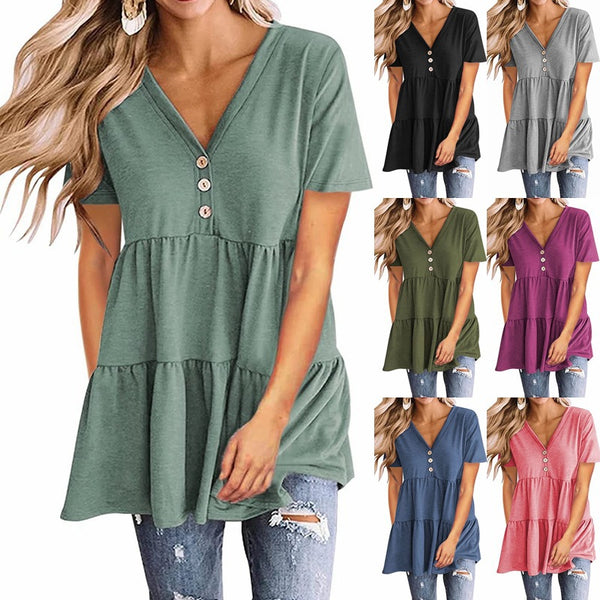 Women's V-neck Short-sleeved Pullover Solid Color Stitching Dresses