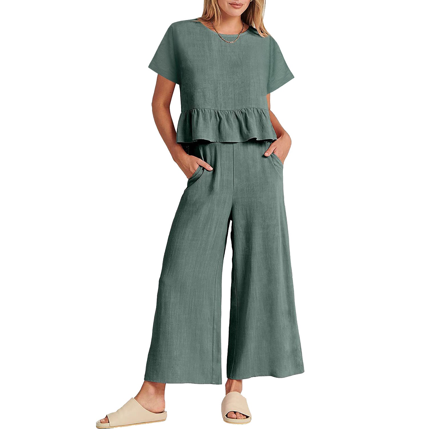 Women's Summer Sleeve Pleated Sleeves Wide Leg Suits