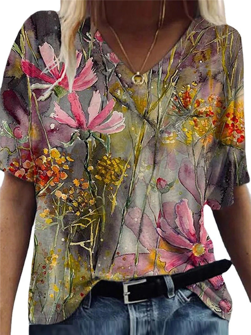 Women's Summer Flower Print Sleeve V-neck T-shirt Blouses