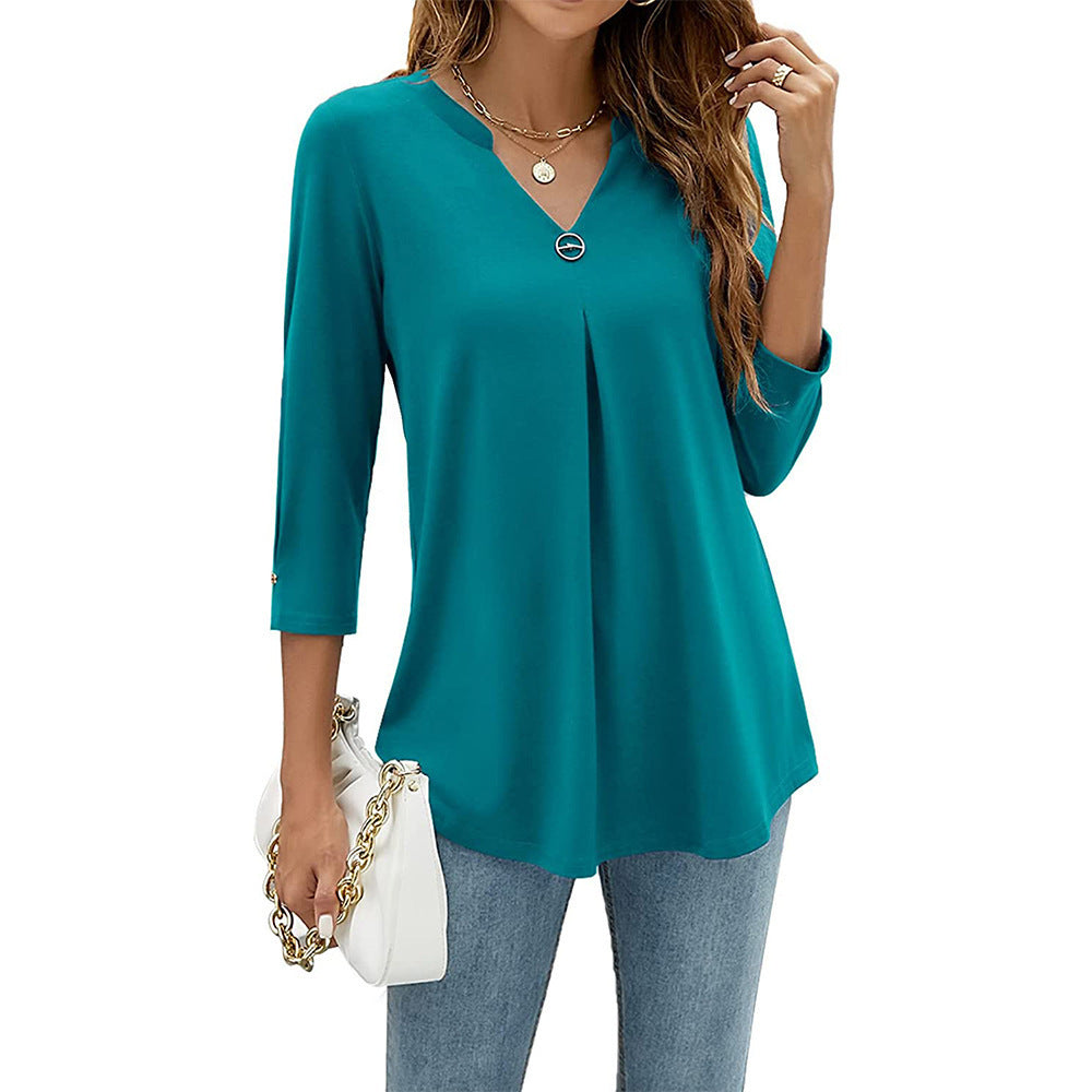 V-neck Three-quarter Sleeve Tight Decorative Buckle Pleated Blouses